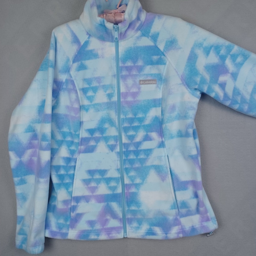 Columbia Women's L Full Zip Fleece Jacket Blue Purple Geometric Print EUC